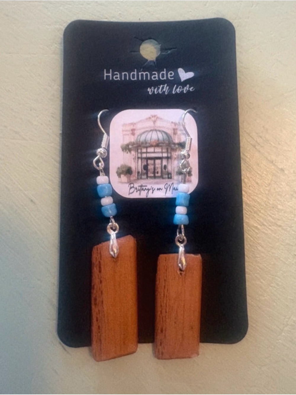 Handmade Blue and Natural Wood Dangle Earrings -
